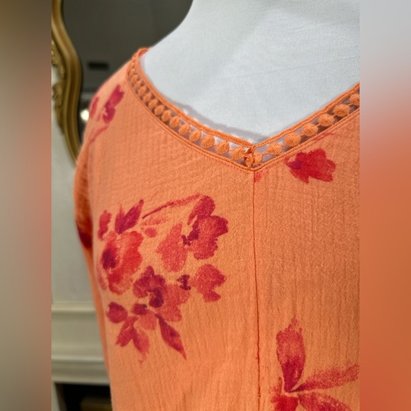 Soft Surroundings Floral Tunic  M Coral Peach Boho Crinkle Cotton Gauze 3/4 slv - Picture 4 of 10